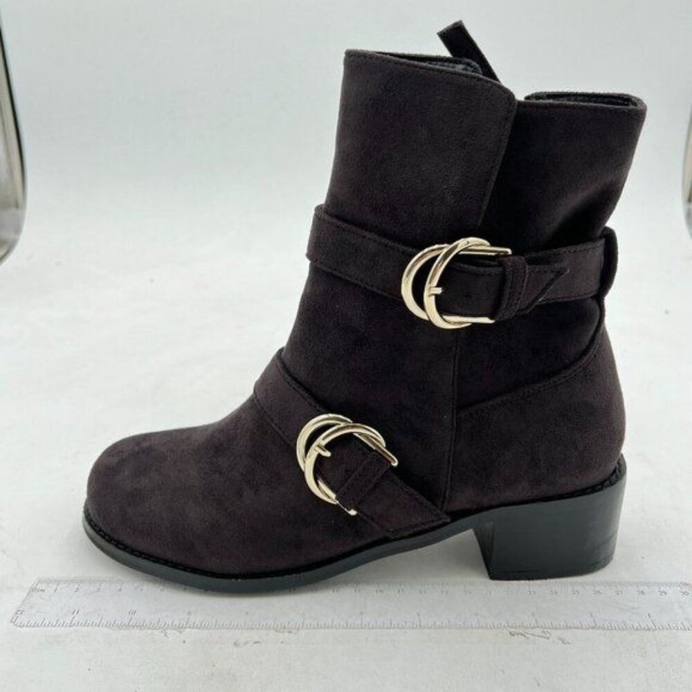 Dark Brown Classic Buckle Calf Boots Round Closed Toe Block Heels Ankle Booties